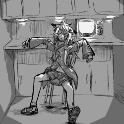 Rule 34 | 1girl, animal ears, animated, animated gif, arknights, chair, greyscale, jacket, lappland (arknights), mazz, microwave, monochrome, on chair, shoes, sitting, solo, spinning