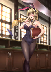 Rule 34 | 1girl, :d, adsouto, animal ears, artist name, black hairband, black leotard, black neckwear, black pantyhose, blonde hair, blurry, blurry background, blush, braid, braided ponytail, breasts, cleavage, covered navel, detached collar, fake animal ears, feathers, floating hair, goblin slayer!, guild girl (goblin slayer!), hair between eyes, hair ribbon, hairband, highres, holding, indoors, leotard, light particles, long hair, medium breasts, open mouth, pantyhose, playboy bunny, ponytail, purple feathers, rabbit ears, ribbon, smile, solo, strapless, strapless leotard, very long hair, wing collar, wrist cuffs, yellow eyes, yellow ribbon