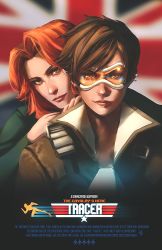 Rule 34 | 1980s (style), 2girls, bomber jacket, brown hair, chest harness, commentary, couple, denimcatfish, earrings, emily (overwatch), english text, forehead, freckles, goggles, harness, jacket, jewelry, long hair, movie poster, multiple girls, oldschool, orange hair, overwatch, overwatch 1, parody, poster (medium), retro artstyle, swept bangs, top gun, tracer (overwatch), union jack
