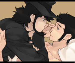 Rule 34 | 2boys, arsene lupin iii, bad id, bad pixiv id, beard, black eyes, black hair, brown background, facial hair, fedora, formal, hat, jigen daisuke, letterboxed, lupin iii, lying, lying on person, male focus, multiple boys, on back, on stomach, pillow, profile, short hair, sideburns, simple background, suit, tms entertainment, topless male, toujou sakana, waking up, yaoi