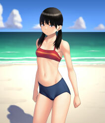 Rule 34 | 1girl, beach, bikini, black eyes, black hair, blue bikini, blue sky, blurry, blurry background, breasts, closed mouth, cloud, cloudy sky, commentary, cowboy shot, day, depth of field, hair over shoulder, halterneck, highres, horizon, light frown, looking at viewer, low twintails, maburu (lojyq1eur3e8bit), medium hair, mismatched bikini, navel, ocean, original, outdoors, red bikini, shadow, sky, small breasts, solo, standing, swimsuit, twintails