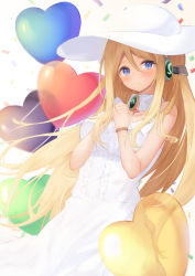 Rule 34 | 1girl, absurdres, ange vierge, balloon, bare shoulders, blonde hair, blue eyes, blush, center frills, character request, closed mouth, collared dress, commentary request, confetti, dress, frills, hair between eyes, hands up, hat, heart balloon, highres, long hair, looking at viewer, own hands together, roido (taniko-t-1218), sleeveless, sleeveless dress, smile, solo, sun hat, very long hair, white dress, white hat