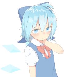 Rule 34 | 1girl, ahoge, blue bow, blue dress, blue eyes, blue hair, bow, bowtie, cirno, commentary request, detached wings, dress, hair bow, hand on own neck, hand up, highres, ice, ice wings, kae karee, red bow, red bowtie, shirt, short hair, short sleeves, simple background, solo, sweatdrop, touhou, upper body, white background, white shirt, wings