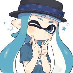 Rule 34 | 1girl, bad id, bad twitter id, black hat, blue eyes, blue hair, blunt bangs, blush stickers, commentary, gomi (kaiwaresan44), green shirt, hat, hat ribbon, head tilt, highres, inkling, inkling girl, inkling player character, long hair, looking at viewer, nintendo, one eye closed, pointy ears, print shirt, puckered lips, ribbon, shirt, simple background, solo, splatoon (series), splatoon 1, star (symbol), t-shirt, tentacle hair, upper body, white background