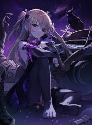 Rule 34 | 1girl, absurdres, bare shoulders, bird, blonde hair, blue eyes, bow, branch, crow, dress, elbow gloves, eyepatch, feet, fischl (genshin impact), full body, genshin impact, gloves, gro (lee145879), hair bow, half-closed eye, highres, looking at viewer, night, night sky, no shoes, oz (genshin impact), pantyhose, parted lips, purple bow, ruin guard (genshin impact), sitting, sky, soles, star (sky), tree