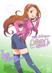 Rule 34 | 1girl, ass, black thighhighs, blush, brown hair, cerezo osaka, dated, hairband, highres, idolmaster, idolmaster (classic), inoue sora, j. league, long hair, looking at viewer, minase iori, one eye closed, open mouth, red eyes, shorts, signature, smile, soccer, soccer uniform, solo, sportswear, thighhighs, thighs, wink