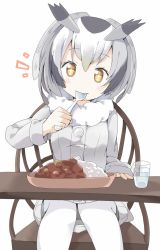 Rule 34 | + +, 10s, 1girl, brown eyes, brown hair, buttons, chair, coat, commentary request, curry, curry rice, eating, food, fur collar, fur trim, glass, grey hair, hair between eyes, head tilt, head wings, highres, kemono friends, long sleeves, looking at viewer, multicolored hair, northern white-faced owl (kemono friends), pantyhose, rice, short hair, sitting, solo, spoon, symbol-shaped pupils, table, tantan men (dragon), utensil in mouth, white background, white hair, white pantyhose, wings