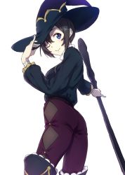 Rule 34 | 1girl, ;), ass, belt, black belt, black hair, black hat, black shirt, blue eyes, blush, breasts, closed mouth, clothing cutout, commentary request, hair between eyes, hand on headwear, hand up, hat, holding, holding staff, kamome yuu, long sleeves, looking at viewer, looking back, one eye closed, original, pants, puffy long sleeves, puffy sleeves, purple pants, shirt, side cutout, simple background, small breasts, smile, solo, staff, white background, witch hat