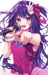 Rule 34 | 1girl, commentary, dress, hair ornament, highres, holding, holding microphone, hoshino ai (oshi no ko), long hair, microphone, multicolored hair, one side up, open mouth, oshi no ko, pink dress, pink hair, pointing, purple eyes, purple hair, rabbit hair ornament, rojineco nene, sleeveless, sleeveless dress, smile, solo, star-shaped pupils, star (symbol), streaked hair, swept bangs, symbol-shaped pupils, teeth, upper teeth only