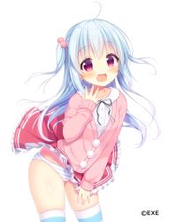 Rule 34 | 1girl, :d, aoi yun, black ribbon, blue hair, blush, bow, bow panties, cameltoe, cardigan, dress shirt, frilled skirt, frills, hair ornament, leaning forward, long hair, long sleeves, looking at viewer, neck ribbon, open mouth, original, panties, pink cardigan, pleated skirt, pom pom (clothes), red eyes, red skirt, ribbon, shirt, simple background, skindentation, skirt, sleeves past wrists, smile, solo, striped clothes, striped panties, striped thighhighs, thighhighs, two side up, underwear, very long hair, watermark, white background, white shirt