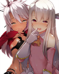 Rule 34 | 2girls, armor, ascot, backlighting, bare shoulders, blush, breastplate, breasts, bridal gauntlets, chloe von einzbern, closed mouth, dark-skinned female, dark skin, dress, fate/kaleid liner prisma illya, fate (series), feather hair ornament, feathers, gloves, hair between eyes, hair ornament, hairpin, half updo, illyasviel von einzbern, index finger raised, long hair, long sleeves, looking at viewer, magical girl, multiple girls, open mouth, pink dress, pink feathers, pink hair, pink sleeves, prisma illya, red eyes, rougetsu (eclipse), shrug (clothing), simple background, small breasts, smile, stomach tattoo, tattoo, white background, white gloves, white hair, yellow ascot, yellow eyes