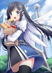Rule 34 | 1girl, apple, bag, black hair, black thighhighs, blue eyes, blush, bread, burger, chiiririn, dress, feathered wings, food, food on face, fruit, hair ornament, hairclip, long hair, long sleeves, looking at viewer, hugging object, open mouth, original, paper bag, pointy ears, puffy long sleeves, puffy sleeves, short hair, solo, sword, thighhighs, twintails, uniform, weapon, weapon on back, white wings, wing hair ornament, wings