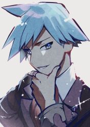 Rule 34 | 1boy, blue hair, collared shirt, commentary request, creatures (company), game freak, grey eyes, hand on own chin, hand up, jacket, jewelry, long sleeves, male focus, miramiraa (wniwnidonn), nintendo, parted lips, pokemon, pokemon oras, ring, shirt, short hair, smile, smirk, solo, steven stone, stroking own chin, upper body, white background, white shirt