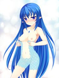 Rule 34 | 1girl, absurdly long hair, blue eyes, blue hair, breasts, gem, highres, inverted nipples, leviathan (zettai bouei leviathan), long hair, matching hair/eyes, nipples, nude, pointy ears, scales, solo, tears, urepito honke, very long hair, wavy mouth, zettai bouei leviathan
