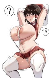 Rule 34 | 1girl, ?, ??, areola slip, armpits, arms behind head, arms up, blush, bouncing breasts, bow, breasts, brown eyes, brown hair, commentary, confused, detached sleeves, frilled bow, frills, hair between eyes, hair bow, hair ornament, hair tubes, hakurei reimu, highres, huge breasts, hypnosis, large areolae, looking at viewer, microskirt, mind control, motion lines, navel, nipple slip, nipples, nontraditional miko, one-piece swimsuit, open mouth, plump, red bow, red skirt, ribbon-trimmed sleeves, ribbon trim, sideboob, sidelocks, simple background, skirt, slingshot swimsuit, solo, spoken question mark, sweat, sweatdrop, swimsuit, thick thighs, thighhighs, thighs, touhou, trembling, tsukunendo, white background, white one-piece swimsuit