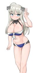 Rule 34 | 1girl, absurdres, ahoge, bare shoulders, bikini, blue bikini, blush, breasts, cleavage, closed mouth, commentary request, dated, feet out of frame, gluteal fold, grey eyes, grey hair, hair ornament, heywood l. edwards (kancolle), highres, kantai collection, large breasts, long hair, looking at viewer, maru (marg0613), navel, no eyewear, one-hour drawing challenge, simple background, solo, swimsuit, twitter username, v, white background