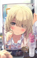 Rule 34 | 1girl, blonde hair, blush, bob cut, brown eyes, cellphone, closed mouth, eyebrows, hair over one eye, highres, long sleeves, mirror, ogipote, original, phone, reflection, sleeves past wrists, solo, wet, wet hair