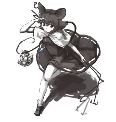 Rule 34 | 1girl, animal ears, bad id, bad pixiv id, basket, breasts, capelet, diamond (gemstone), dowsing rod, dress, full body, jewelry, looking down, looking to the side, mo ne, monochrome, mouse (animal), mouse ears, mouse tail, nazrin, pendant, red eyes, running, shading eyes, shadow, shoes, short hair, simple background, small breasts, socks, solo, spot color, tail, touhou, weapon, weapon request, white background