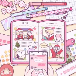 Rule 34 | 2girls, bear, blonde hair, blush stickers, candy wrapper, charm (object), chicken leg, christmas, christmas tree, colored eyelashes, colored pencil, diary, dress, eating, emma (kumaema), fingernails, fur-trimmed headwear, fur trim, heart, highres, holding, holding phone, mechanical pencil, multiple girls, original, pencil, phone, photo (object), pov, pov hands, red headwear, ruler, santa dress, short hair, sticker, text messaging, twitter username