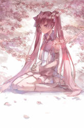 Rule 34 | 1girl, cherry blossoms, detached sleeves, hair ribbon, hatsune miku, highres, long hair, necktie, own hands clasped, own hands together, pink eyes, pink hair, ribbon, sakura miku, sitting, skirt, socks, solo, twintails, very long hair, vocaloid, zhanzhan lan