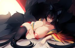 Rule 34 | 1girl, :d, absurdres, animal ears, azur lane, bare shoulders, black hair, black thighhighs, blush, breasts, cleavage, clothes lift, collarbone, commentary request, crossed bangs, fang, fox ears, fox girl, fox tail, hair between breasts, hair between eyes, hair ribbon, highres, huge breasts, japanese clothes, kemonomimi mode, kimono, kimono lift, kitsune, large nipples, large tail, long hair, looking at viewer, lying, multiple tails, nipples, no panties, off shoulder, on side, one breast out, open mouth, puffy nipples, red eyes, red kimono, red ribbon, ribbon, shadow, shiny skin, smile, solo, sub-res, taihou (azur lane), tail, thick thighs, thighhighs, thighs, twintails, very long hair, wide hips, wide sleeves