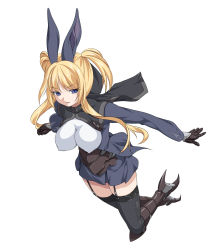 Rule 34 | 1girl, animal ears, blonde hair, blue eyes, breasts, covered erect nipples, female focus, full body, garter straps, gloves, highres, horarezonu, impossible clothes, impossible shirt, large breasts, original, rabbit ears, shirt, simple background, solo, thighhighs, white background, zettai ryouiki