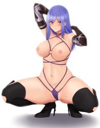 Rule 34 | 1girl, arm up, black thighhighs, blue hair, breasts, elbow gloves, final fantasy, gloves, high heels, highres, kirou (kiruyuu1210), large breasts, lingerie, looking at viewer, navel, nipples, o-ring, o-ring top, purple eyes, revealing clothes, solo, spread legs, squatting, thick thighs, thighhighs, thighs, underwear, white background