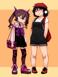 Rule 34 | 2girls, adapted costume, backpack, bag, bare legs, black dress, black hair, black overalls, brown hair, cabbie hat, capelet, contemporary, dilated pupils, dress, garter straps, hair between eyes, hairband, hands in pockets, hat, high tops, himekaidou hatate, long sleeves, looking at viewer, multicolored clothes, multicolored legwear, multiple girls, overall shorts, overalls, pigeon-toed, pink footwear, platform footwear, pom pom (clothes), purple hairband, purple neckwear, red bag, red footwear, red headwear, shameimaru aya, shimizu pem, shirt, shoes, short hair, short hair with long locks, smile, sneakers, t-shirt, thighhighs, touhou, v-shaped eyebrows, white shirt