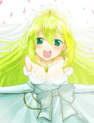Rule 34 | 1girl, alina gray, alternate costume, bare shoulders, blonde hair, blush, bow, breasts, bridal veil, chain, cleavage, dress, falling petals, gem, gloves, green eyes, green gemstone, green hair, hair between eyes, highres, jewelry, long hair, looking at viewer, magia record: mahou shoujo madoka magica gaiden, mahou shoujo madoka magica, medium breasts, multicolored hair, necklace, open mouth, petals, poa, sidelocks, simple background, smile, solo, streaked hair, taketatsu ayana, tiara, veil, voice actor connection, waist bow, wedding dress, white background, white bow, white dress, white gloves