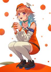 Rule 34 | 1girl, absurdres, blue hair, chef hat, detached sleeves, earrings, eyebrows hidden by hair, feather earrings, feathers, food, fruit, gradient hair, hat, highres, holding, holding food, holding fruit, hololive, hololive english, jewelry, multicolored hair, open mouth, orange (fruit), orange hair, orange hat, purple eyes, shoes, sneakers, solo, squatting, takanashi kiara, takanashi kiara (1st costume), thighhighs, virtual youtuber, vvvvvvvvv, white hat, white thighhighs