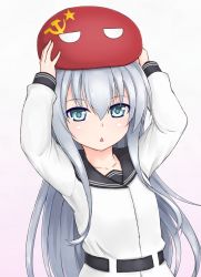 Rule 34 | 10s, 1girl, blue eyes, chestnut mouth, collarbone, countryball, crossover, gradient background, hammer and sickle, hibiki (kancolle), kantai collection, long hair, long sleeves, looking at viewer, object on head, open mouth, sailor collar, silver hair, solo, soviet, soviet flag, sovietball, takaman (gaffe), verniy (kancolle), very long hair