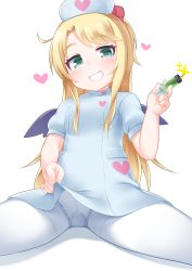 Rule 34 | 1girl, ahoge, black wings, blonde hair, blue dress, blush, clothes lift, commentary request, dress, dress lift, grin, gusset, hat, heart, highres, himesaka noa, kirisame mia, lifting own clothes, long hair, looking at viewer, nurse, nurse cap, panties, panties under pantyhose, pantyhose, pantyshot, short dress, short sleeves, simple background, sitting, smile, solo, spread legs, syringe, underwear, watashi ni tenshi ga maiorita!, white background, white panties, white pantyhose, wings