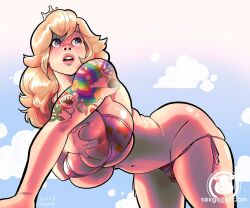 Rule 34 | 1girl, ? block, all fours, arm support, artist name, bent over, bikini, blonde hair, blue eyes, blue shell (mario), breasts, bursting breasts, cleavage, coin, grabbing own breast, large breasts, legs, long hair, mario (series), navel, nintendo, nipples, open mouth, pink bikini, pink lips, piranha plant, princess, princess peach, solo, super mario bros. 1, swimsuit, tattoo, thick thighs, thighs
