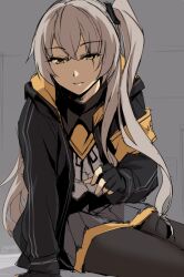 Rule 34 | 1girl, arm support, armband, black gloves, black pantyhose, commentary request, fingerless gloves, girls&#039; frontline, gloves, grey hair, hood, hooded jacket, jacket, light smile, long hair, looking at viewer, one side up, open clothes, open jacket, pantyhose, pleated skirt, reaching, reaching towards viewer, scar, scar across eye, scar on face, sitting, sketch, skirt, solo, tsuki tokage, ump45 (girls&#039; frontline), yellow armband, yellow eyes