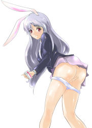Rule 34 | 1girl, animal ears, ass, blazer, covering privates, covering crotch, deeple, female focus, from behind, grey hair, jacket, long hair, looking back, panties, panty pull, rabbit ears, red eyes, reisen udongein inaba, simple background, skirt, solo, suppository, sweatdrop, touhou, underwear, white background