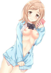 Rule 34 | 1girl, black bow, blue cardigan, blush, bow, breasts, brown eyes, cardigan, cellphone, closed mouth, collared shirt, commentary request, dress shirt, dutch angle, gatchapowa, hand up, holding, holding phone, idolmaster, idolmaster shiny colors, light brown hair, long sleeves, medium breasts, nipples, no pants, open cardigan, open clothes, open shirt, phone, sakuragi mano, shirt, simple background, sleeves past wrists, smile, solo, white background, white shirt