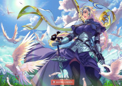Rule 34 | armor, armored dress, bird, blonde hair, blue eyes, blue sky, bow, braid, capelet, chain, cloud, day, dove, dual wielding, fate/apocrypha, fate/grand order, fate (series), faulds, feathers, flag, flying, from below, gauntlets, grass, hair bow, hair ribbon, headpiece, holding, jeanne d&#039;arc (fate), jeanne d&#039;arc (ruler) (fate), long braid, long hair, mountain, mountainous horizon, plackart, planted, planted sword, planted weapon, ribbon, single braid, sky, solo, sun, sunlight, sword, thighhighs, thighs, very long hair, weapon, xong