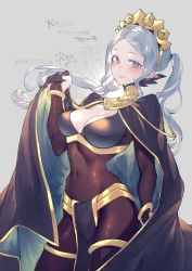 Rule 34 | 1girl, alternate costume, blue hair, blush, bodystocking, breasts, bridal gauntlets, cape, cleavage, covered navel, dark mage (fire emblem awakening), fire emblem, fire emblem fates, flora (fire emblem), hair ornament, highres, holding, holding cape, holding clothes, large breasts, looking at viewer, negiwo, nintendo, parted bangs, skin tight, solo, twintails, twitter username