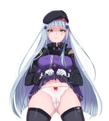 Rule 34 | 1girl, bad id, bad pixiv id, beret, black thighhighs, blunt bangs, bow, bow panties, breasts, buttons, clothes lift, clothes writing, crotch seam, disdain, facepaint, from below, girls&#039; frontline, gloves, gluteal fold, green eyes, hair ornament, half-closed eyes, hat, hk416 (girls&#039; frontline), long hair, looking at viewer, medium breasts, navel, panties, parted lips, plaid, plaid skirt, shaded face, silver hair, skirt, skirt lift, solo, stomach, takanaru, teardrop, thighhighs, thighs, underwear, white gloves, white panties
