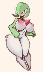 Rule 34 | 1girl, artist name, blush, bob cut, breasts, collarbone, colored skin, creatures (company), female focus, game freak, gardevoir, gen 3 pokemon, green hair, green skin, grin, hair over one eye, highres, kanel, large breasts, legs, looking away, looking to the side, multicolored skin, navel, nintendo, nipples, one eye covered, pokemon, pokemon (creature), pussy, red eyes, short hair, signature, simple background, smile, solo, thick thighs, thighs, two-tone skin, white skin, wide hips