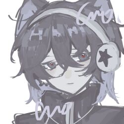 Rule 34 | 1boy, animal ears, bad bcy id, bad id, black eyes, black hair, black jacket, cat ears, closed mouth, collared jacket, crosley, expressionless, grey headphones, hair between eyes, hair ornament, high collar, jacket, looking at viewer, original, red pupils, short hair, simple background, solo, star (symbol), star print, upper body, white background