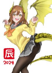 Rule 34 | 1girl, :d, arched back, brown eyes, brown hair, brown pantyhose, claw pose, claws, double-parted bangs, dragon girl, dragon horns, dragon tail, dragon wings, fangs, from side, grey sailor collar, grey skirt, hanamaruyama628, highres, horns, kunikida hanamaru, looking at viewer, love live!, love live! sunshine!!, medium hair, monsterification, new year, open mouth, pantyhose, pleated skirt, sailor collar, school uniform, serafuku, sidelocks, simple background, skirt, smile, solo, sweater, tail, white background, wings, yellow eyes, yellow sweater