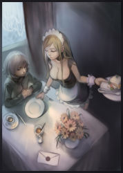 Rule 34 | 1boy, 1girl, absurdres, apron, bad id, bad pixiv id, blonde hair, breasts, brown hair, choker, cleavage, collarbone, cup, dith, flower, fork, highres, knife, letter, long hair, looking to the side, maid, maid apron, maid headdress, medium breasts, original, short hair, table, tablecloth, tray, wrist cuffs