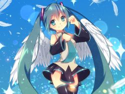 Rule 34 | 1girl, angel wings, aqua eyes, aqua hair, aqua necktie, black thighhighs, blue background, detached sleeves, feathered wings, feathers, hatsune miku, long hair, necktie, ryuuga sazanami, skirt, smile, solo, sparkle, thighhighs, twintails, very long hair, vocaloid, wings