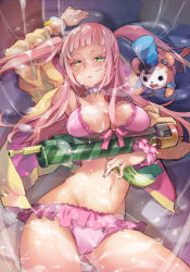 Rule 34 | 1girl, accessory (freedom wars), arm up, bear, bikini, blunt bangs, blush, breasts, collar, freedom wars, ge-b, green eyes, gun, hat, jacket, large breasts, long hair, looking at viewer, lying, navel, on back, open clothes, open jacket, open mouth, pink hair, suggestive fluid, swimsuit, twintails, weapon