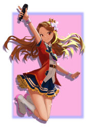 Rule 34 | 1girl, absurdres, bare legs, black necktie, blue skirt, blurry, blurry background, boots, border, bow, brown hair, closed mouth, collared shirt, daika!!, dress shirt, floating hair, frilled skirt, frills, full body, hair bow, highres, holding, holding microphone, idolmaster, idolmaster (classic), jacket, jumping, long hair, looking at viewer, microphone, minase iori, miniskirt, necktie, open clothes, open jacket, outside border, pink background, pleated skirt, red eyes, red jacket, shiny trinity (idolmaster), shirt, short sleeves, skirt, smile, solo, very long hair, white border, white footwear, white shirt, wing collar, wristband
