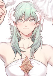 Rule 34 | 1girl, blush, breasts, byleth (female) (fire emblem), byleth (fire emblem), cleavage, dress, female pov, fire emblem, fire emblem: three houses, flower, green eyes, green hair, hair between eyes, hair flower, hair ornament, highres, ikarin, implied yuri, long hair, nintendo, pov, simple background, smile, solo, strapless, strapless dress, upper body, wedding dress, white background, white dress, white flower