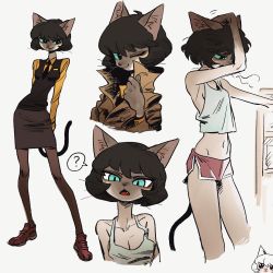 Rule 34 | 1girl, ?, animal ears, black eyes, black hair, black necktie, black vest, blue sclera, breasts, brown coat, brown jacket, cat ears, cat girl, cat tail, cleavage, coat, collared shirt, colored sclera, dolphin shorts, fang, female focus, furry, furry female, golaegun, grey background, grey skirt, grey tank top, high collar, highres, jacket, multiple views, navel, necktie, one eye closed, open mouth, original, shirt, short hair, shorts, skirt, speech bubble, spoken question mark, tail, tank top, vest, whiskers, yellow shirt
