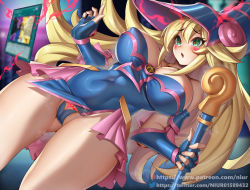 Rule 34 | 1girl, artist name, bare shoulders, blonde hair, blush, blush stickers, breasts, change of heart, cleavage, covered erect nipples, covered navel, cowboy shot, dark magician girl, duel monster, dutch angle, female focus, fingerless gloves, from below, gloves, gluteal fold, hat, hypnosis, large breasts, long hair, mind control, niur, open mouth, pubic tattoo, solo, staff, standing, symbol-shaped pupils, tattoo, thick thighs, thigh gap, thighs, very long hair, wand, yu-gi-oh!