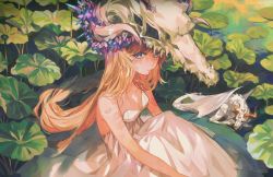 Rule 34 | 1girl, bare arms, bare shoulders, blonde hair, blue eyes, breasts, closed mouth, commentary, crystal, dragon, dragon girl, dress, highres, kaneblob, legs together, light particles, lily pad, long hair, looking at viewer, original, plant, scales, sidelocks, signature, sitting, skull, skull-shaped hat, skull hat, small breasts, solo, strapless, strapless dress, very long hair, white dress